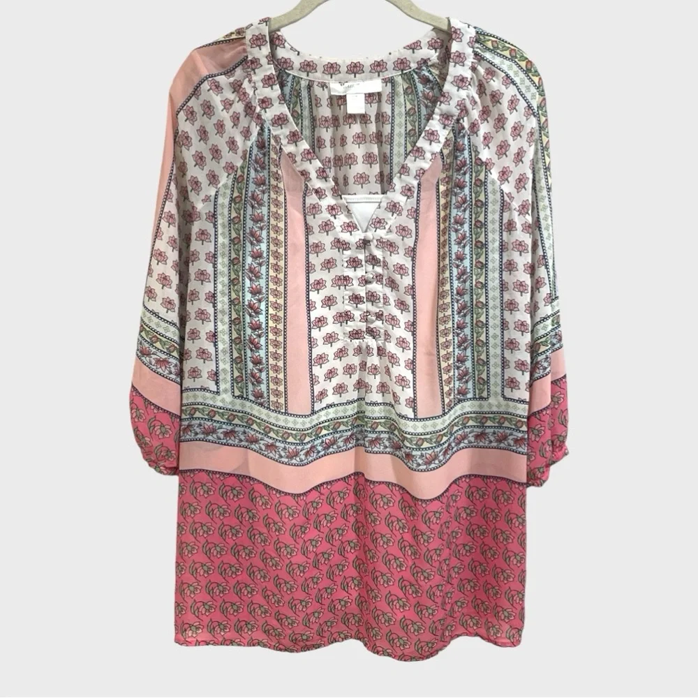 Motherhood Pink White Mixed Media Floral Sheer Blouse Size Medium - Picture 3 of 9